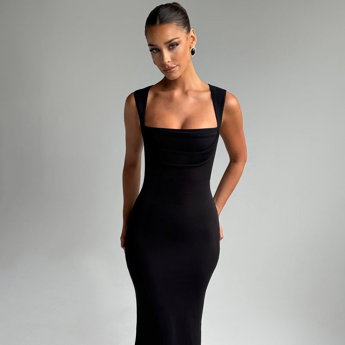 Women Clothing Spring Summer Slim Fit Square Collar Sleeveless Waist Slimming Dress