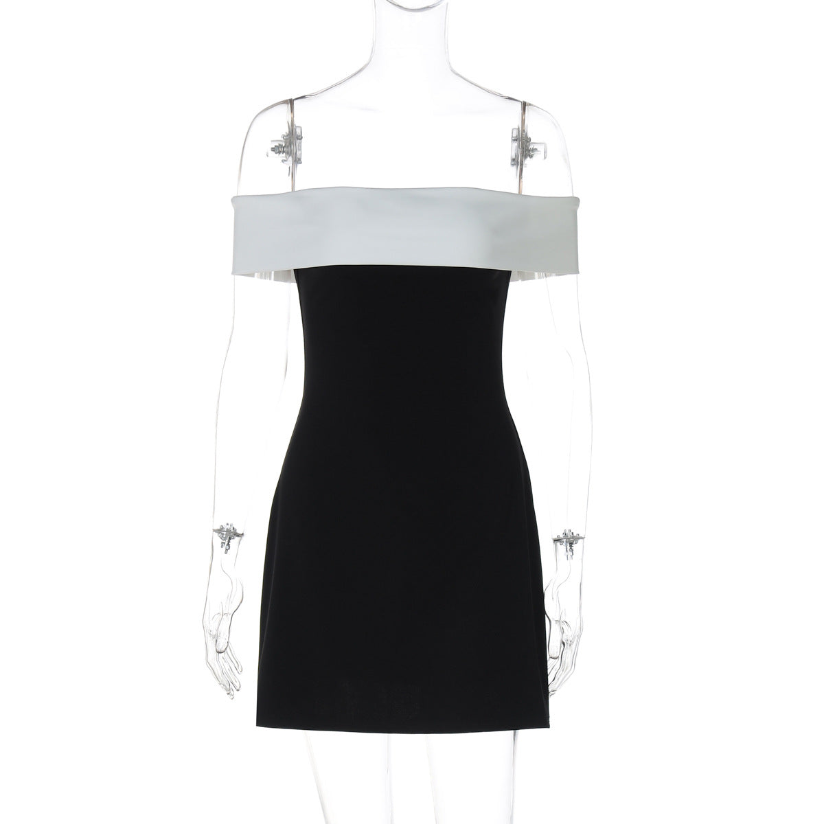 Women Clothing Summer Tube Top off the Neck Stitching Contrast Color Waist Tight Slimming Fashionable Dress