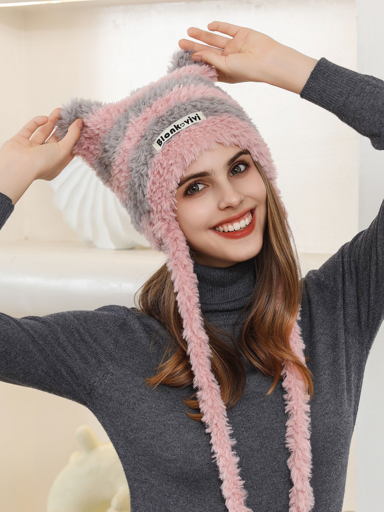 Striped Contrast Color Letter Graphic Braid Woolen Cap Women Winter Warm Casual Cute Plush Earmuffs Hat