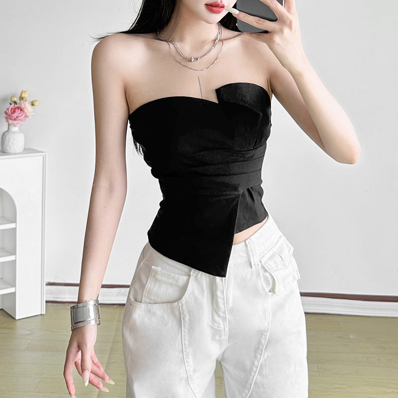 Summer Women Clothing Trend Backless Irregular Asymmetric Pleated Tube Top Short Vest for Women