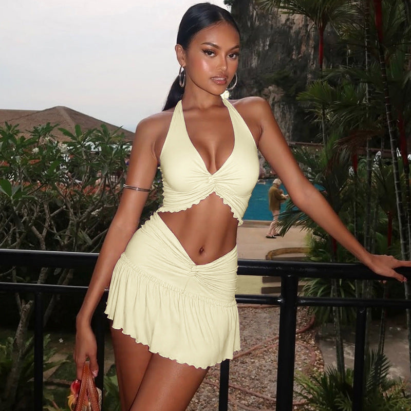 Women Clothing Summer Sexy Twisted Lace up Vest Slim Skirt Set