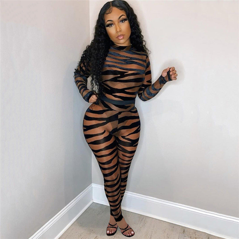 Women Clothing Striped Printed Sheer Mesh Sexy Jumpsuit