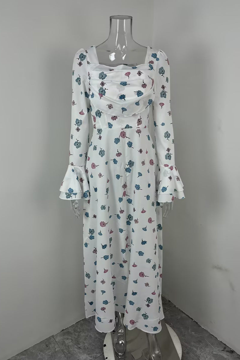 Summer Women Clothing Elegant Floral Pleated Fairy Fitted Waist Flare Sleeve Women Floating Dress