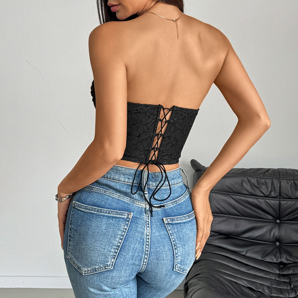 Pleated Internet Celebrity Pure Lace Steel Ring Boning Corset Tube Top Tied Slim Fit Top