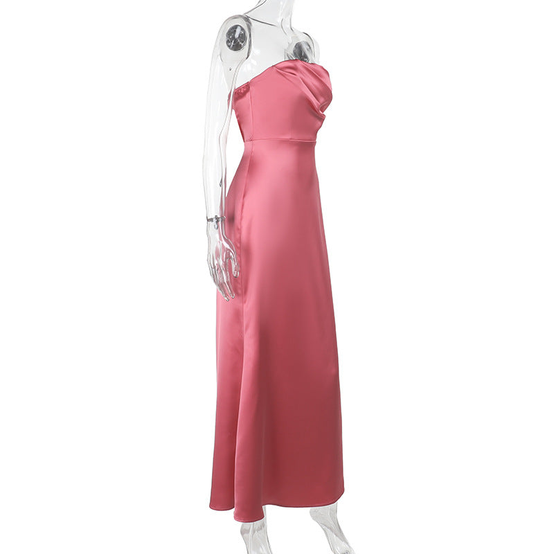 Women Tube Top Sexy Backless Satin Dress Elegant Dress