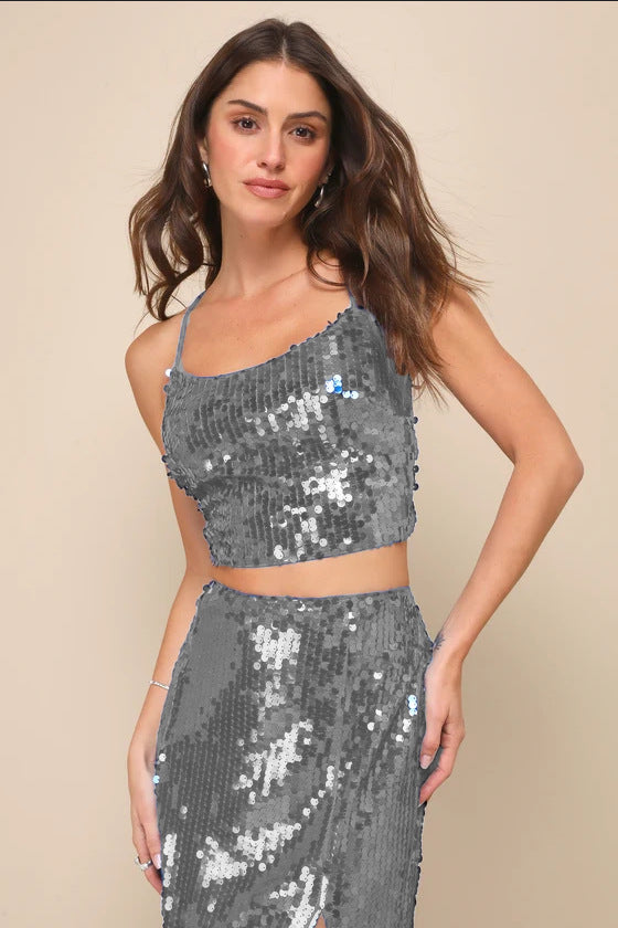 Women Clothing Sequined Lace up Two Piece Long Sexy Skirt Sets