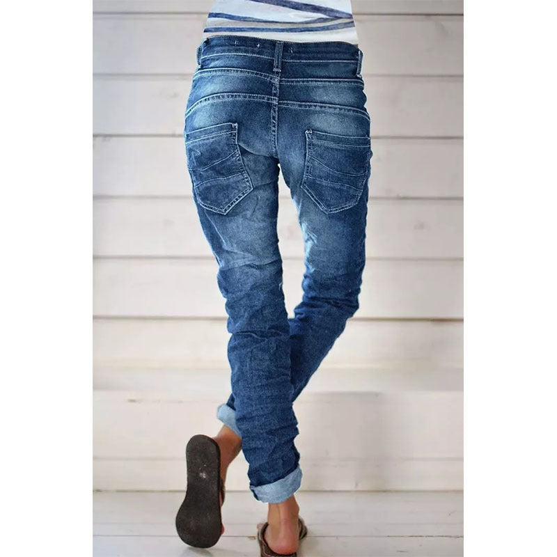 Ripped Denim Drawstring Elastic Waist Washed Women Casual Pants Tide
