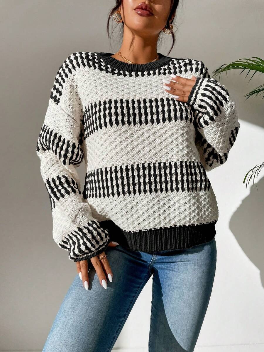 Women Clothing Autumn Winter Casual Loose Sweater Contrast Color Striped Stitching Sweater