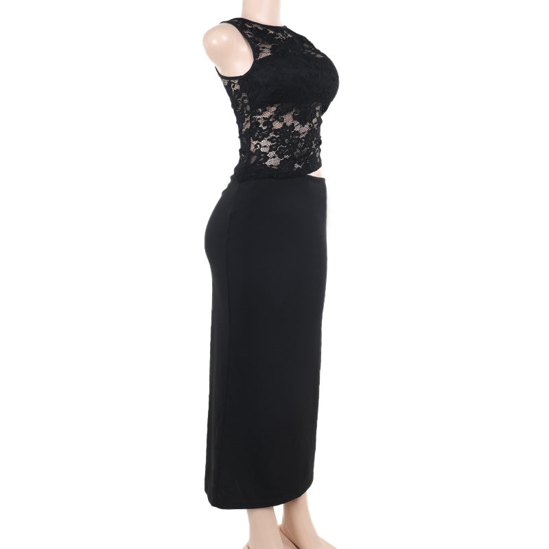 Autumn Elegant Sexy Vest Lace Hollow Out Cutout Slim Fit Dress Women
