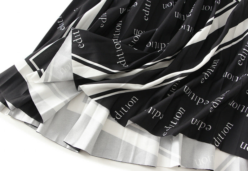 Pleated Letter Graphic Printed Skirt for Women Autumn Elastic Waist Mid Length Big Hem Umbrella Skirt