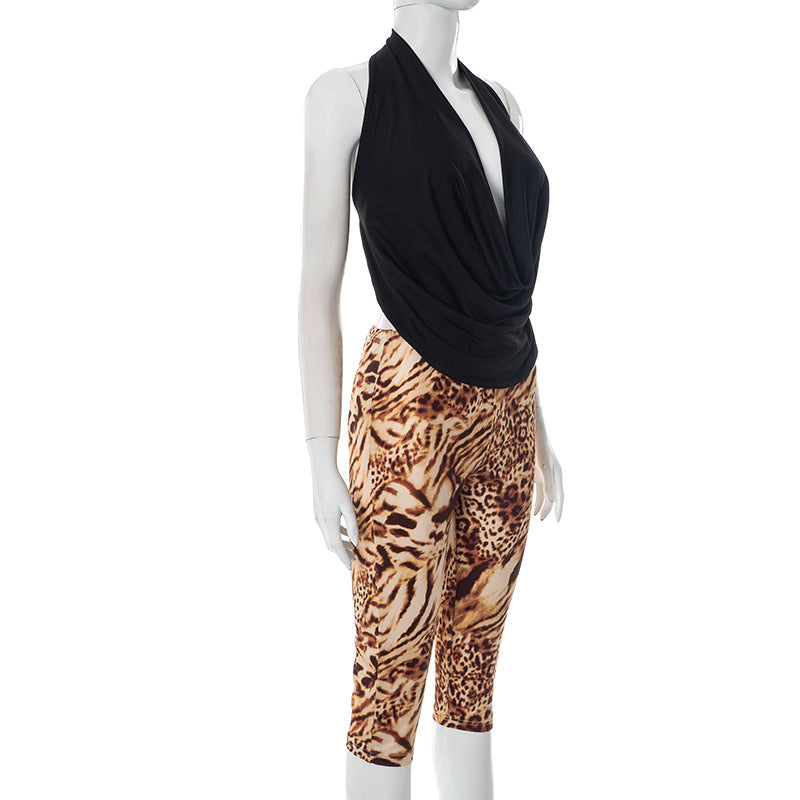 Women Spring Summer Halter Pile Collar Backless Lace up Floral Leopard Print Sets