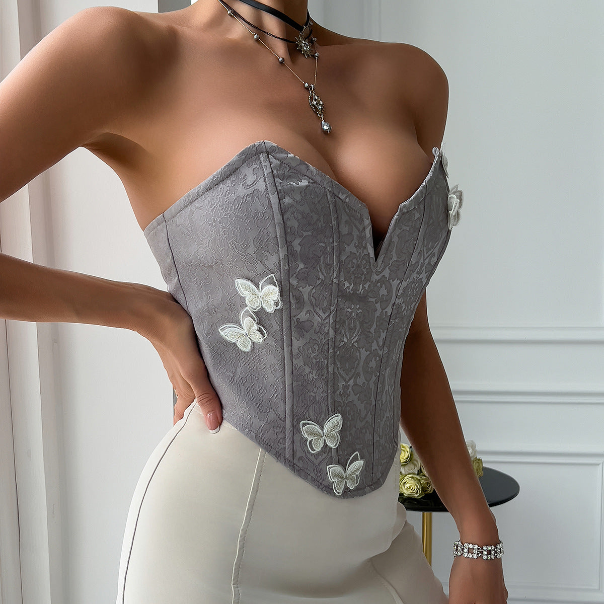 Sexy Deep V Plunge neck Low Cut Lace up Three Dimensional Butterfly Floral Backless Boning Corset Tube Top Vest