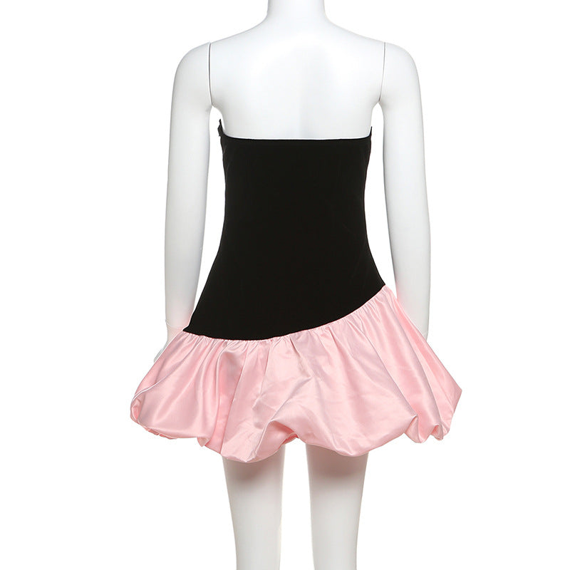 Winter Women Clothing Elegant Sleeveless Tube Top Advanced Suede Stitching Puffy Short Dress