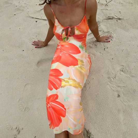 Sexy Suspenders Hollow Out Cutout Print Backless Dress Women Vacation Sexy Dress