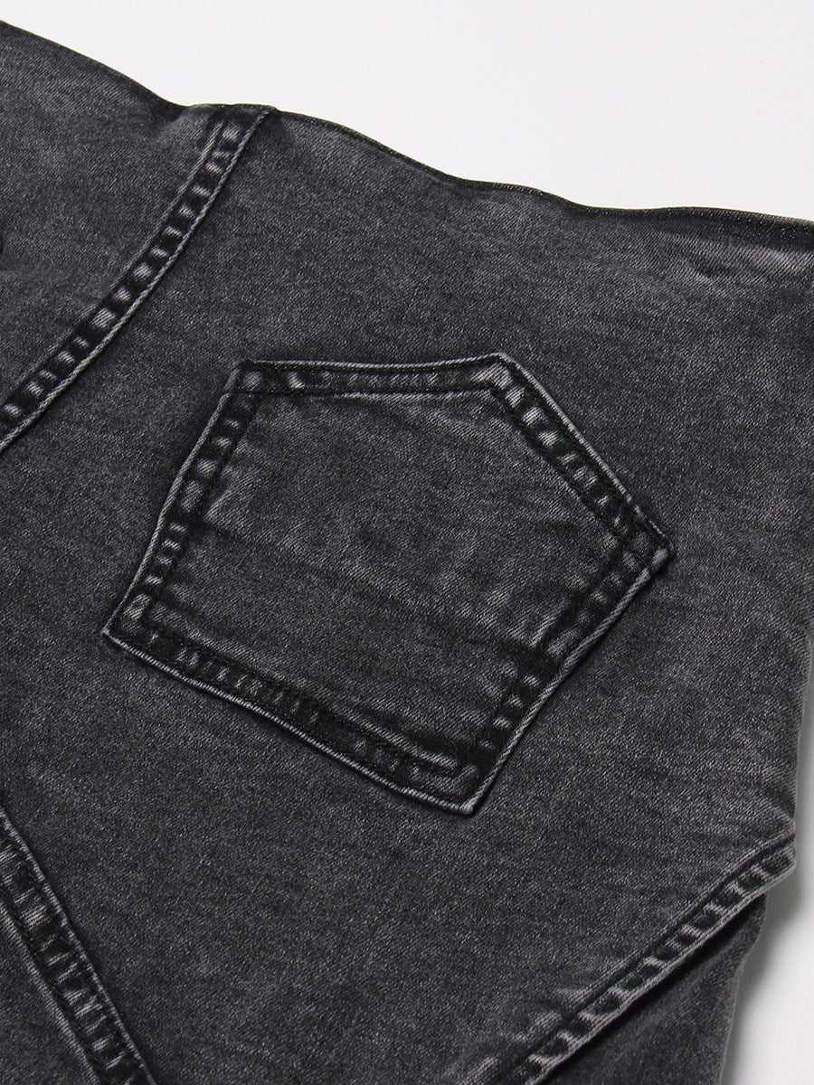 Personality Street Denim Stitching Shorts Autumn High Waist Irregular Asymmetric Washed Worn Jeans Women