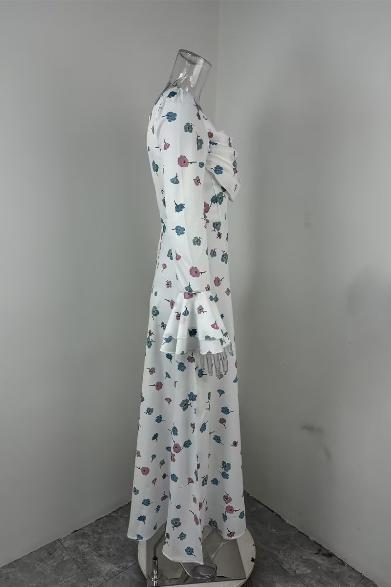 Summer Women Clothing Elegant Floral Pleated Fairy Fitted Waist Flare Sleeve Women Floating Dress