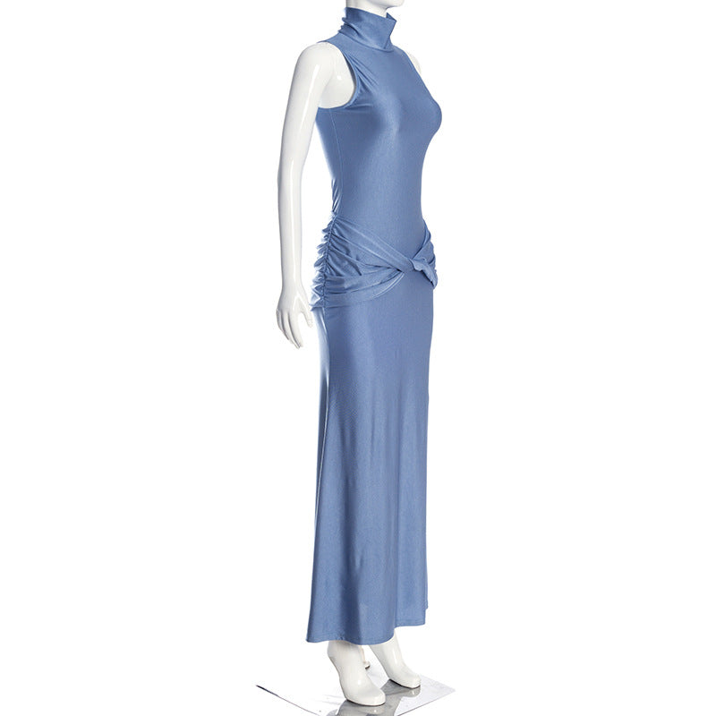 Spring Summer High Neck Sleeveless Tight Waist Pleating Twisted Sheath Long Fishtail Dress