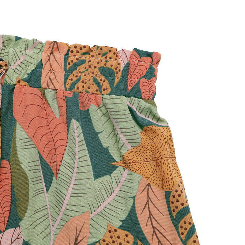 Tropical Plant Holiday Floral Print Pants Summer Elastic Shorts Wide Leg Pants Women