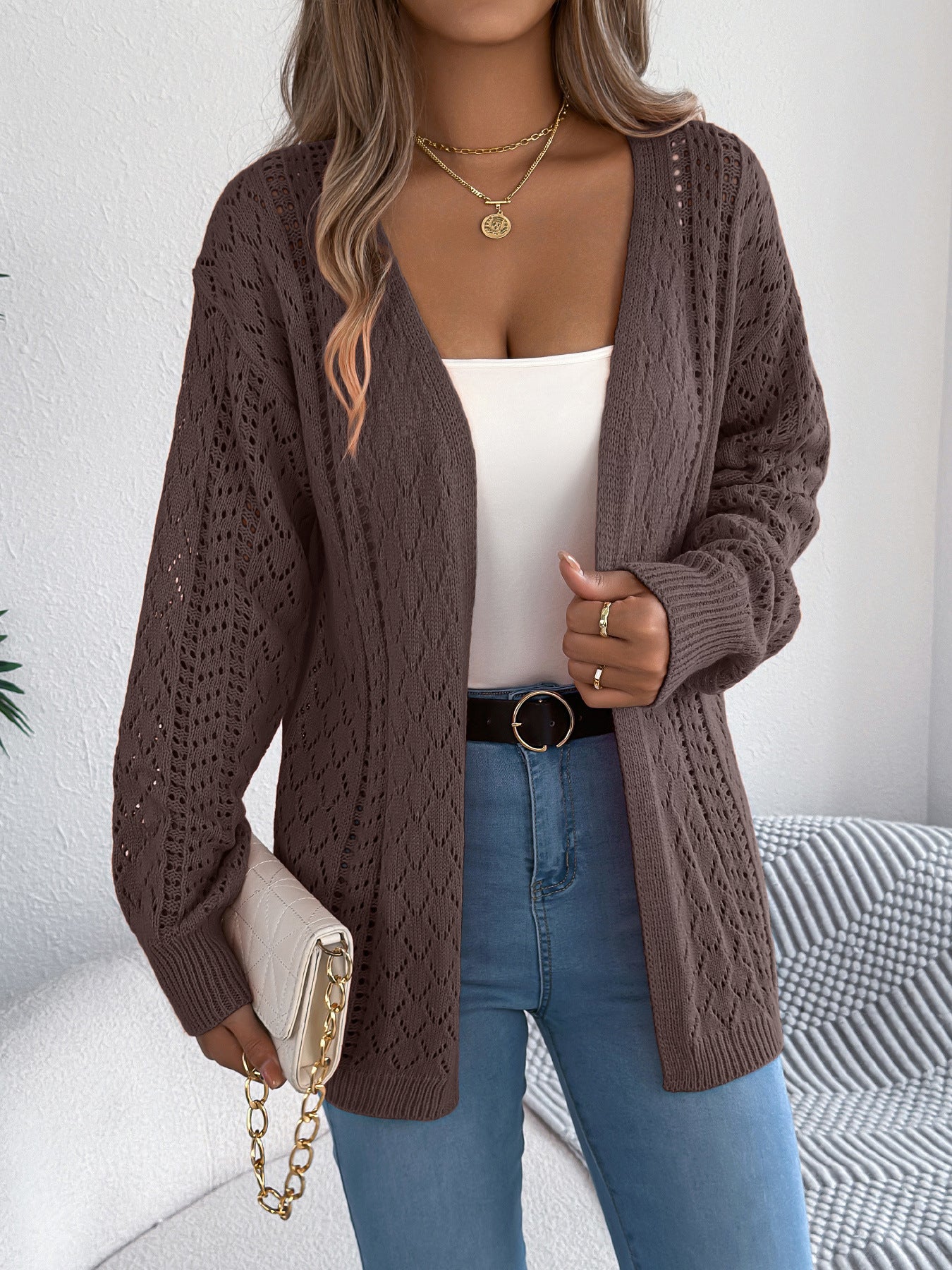 Autumn Winter Hollow Out Cutout out Lantern Long Sleeve Cardigan Sweater Mid Length Coat Women Clothing