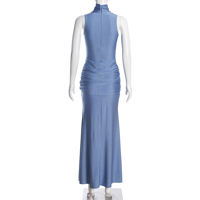 Spring Summer High Neck Sleeveless Tight Waist Pleating Twisted Sheath Long Fishtail Dress