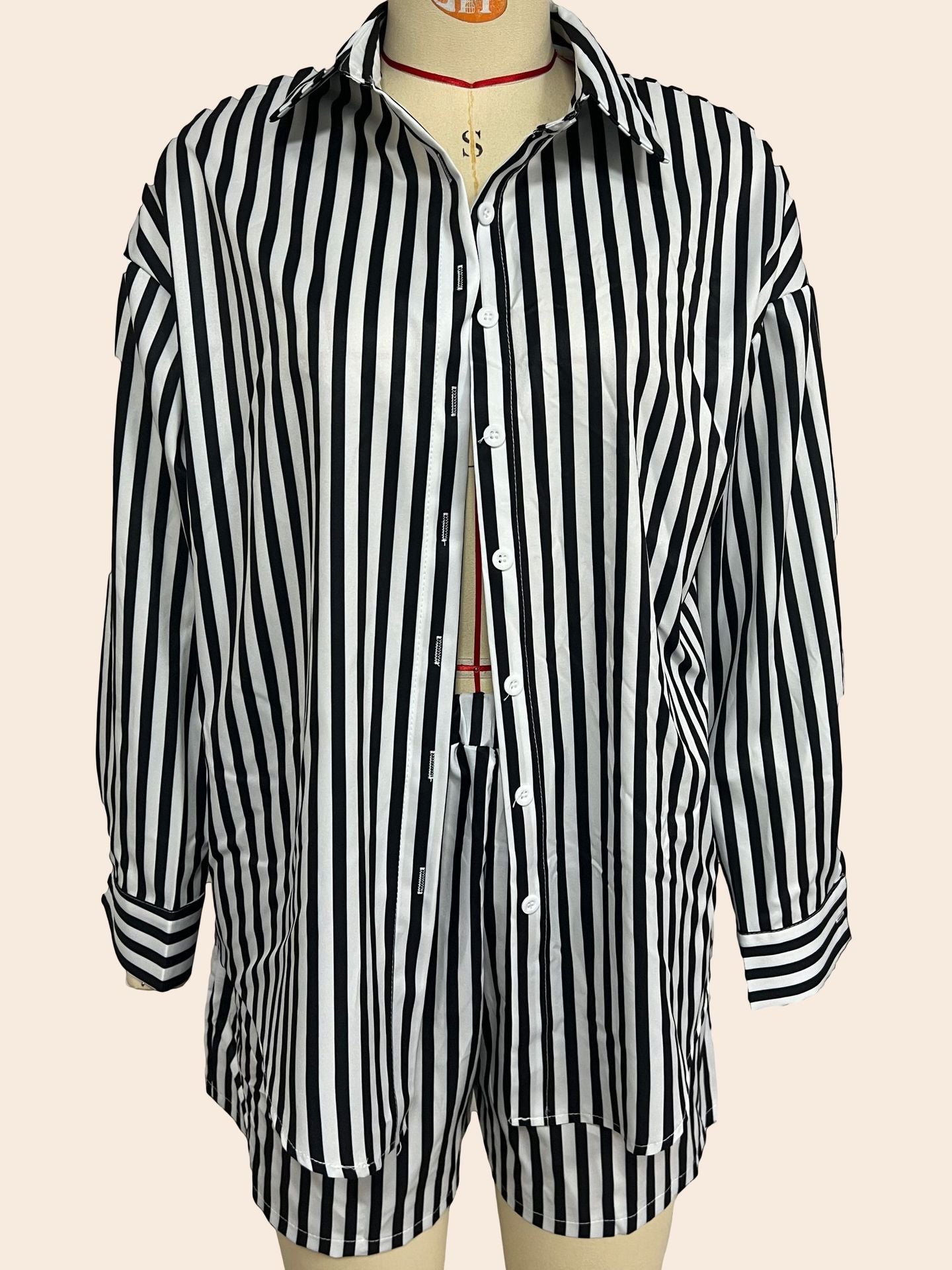 Spring Summer Women Clothing Casual Polo Collar Striped Color Matching Thin Set