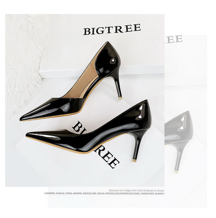 Simple Stiletto Heel Shiny Patent Leather Shallow Mouth Pointed Side Hollow Out Cutout High Heels Women Shoes