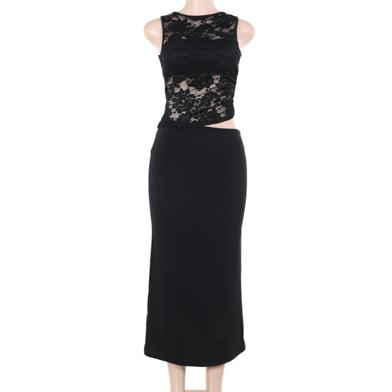 Autumn Elegant Sexy Vest Lace Hollow Out Cutout Slim Fit Dress Women