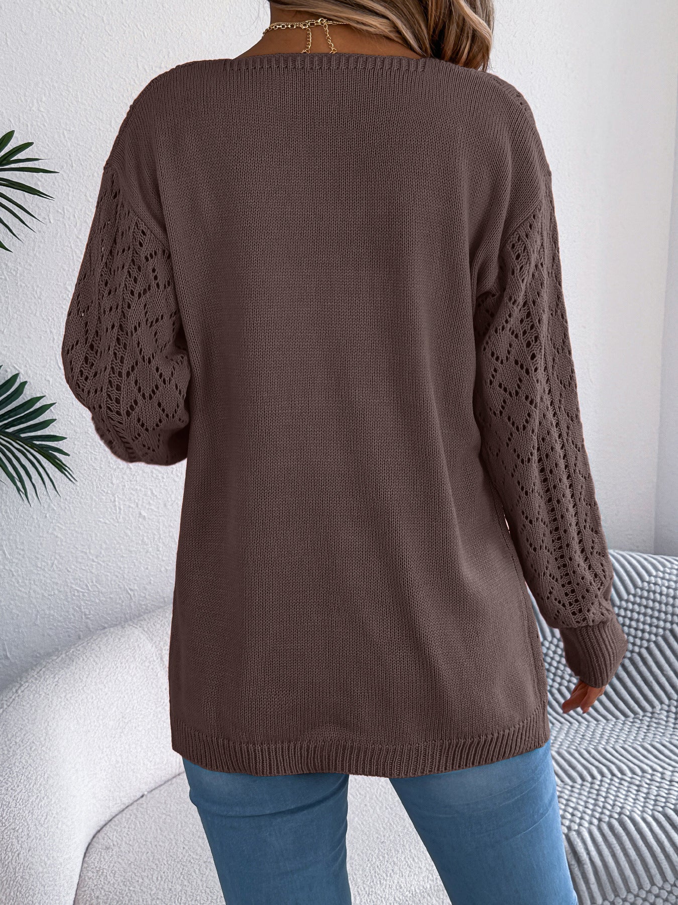 Autumn Winter Hollow Out Cutout out Lantern Long Sleeve Cardigan Sweater Mid Length Coat Women Clothing