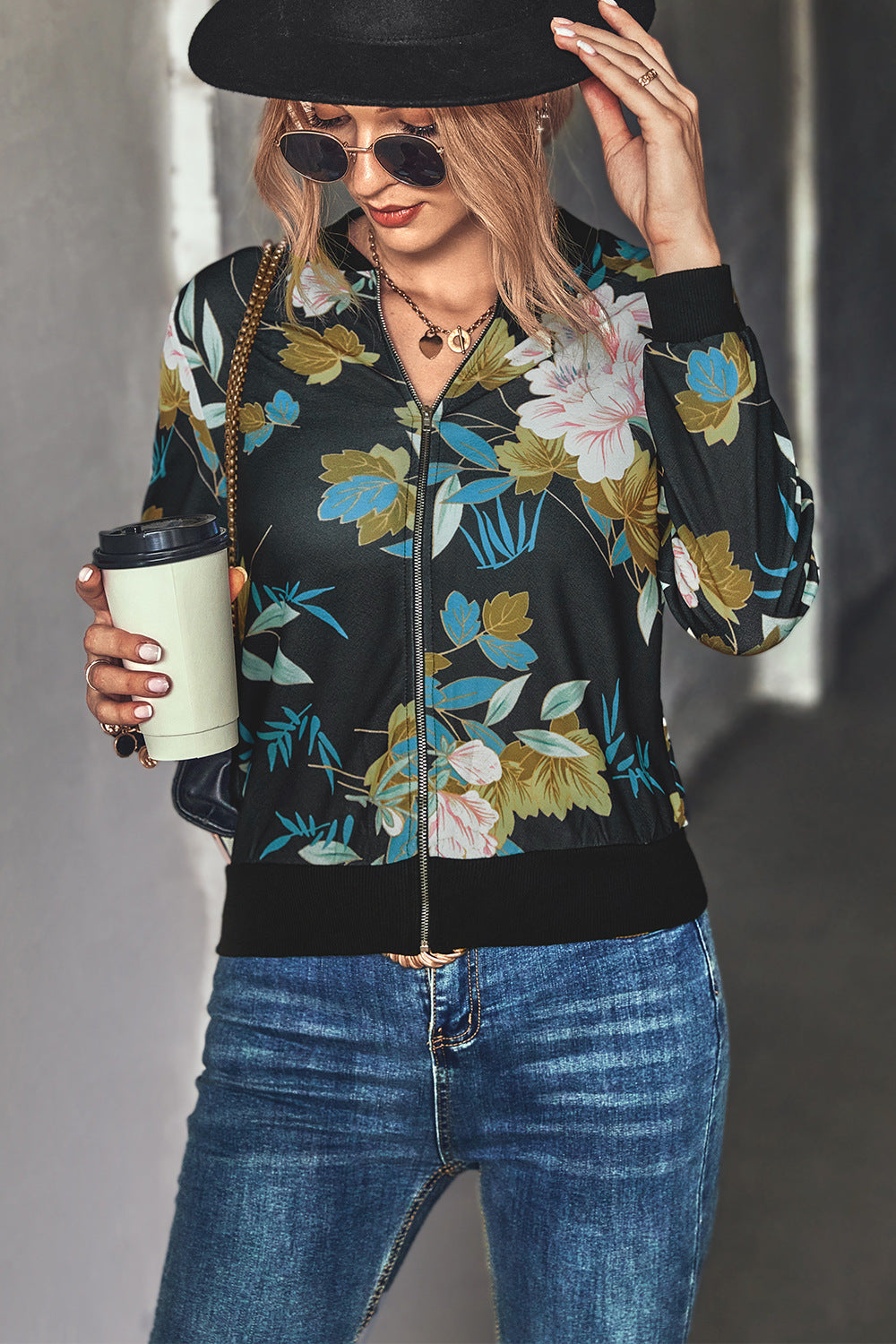 Autumn Winter Women Clothing Printing Thread Collar Zip Long Sleeve Coat