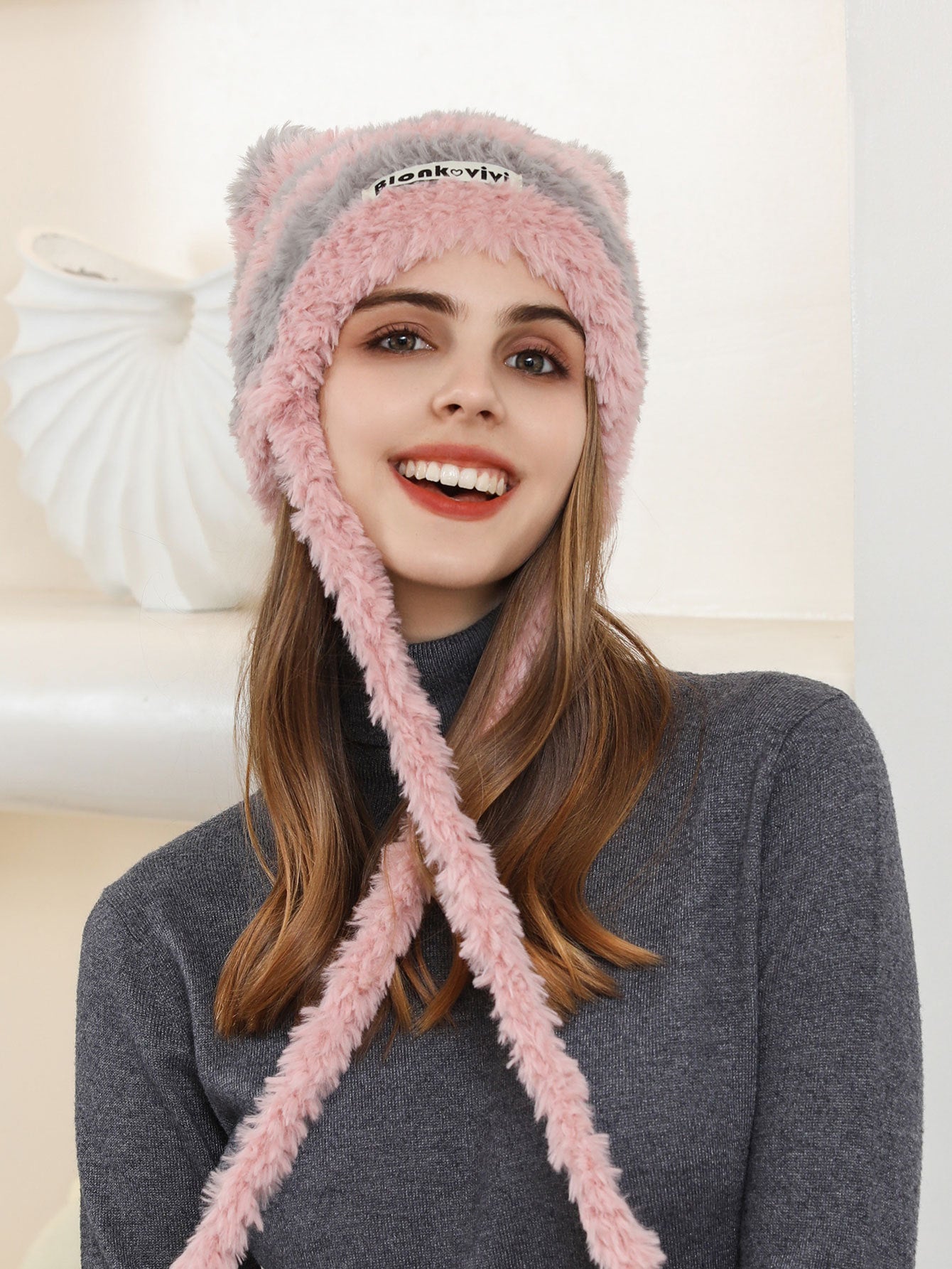 Striped Contrast Color Letter Graphic Braid Woolen Cap Women Winter Warm Casual Cute Plush Earmuffs Hat