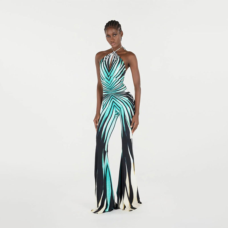 Women Clothing Catwalk Design Contrast Color Striped Hollow Out Cutout out Halter One Piece Trousers