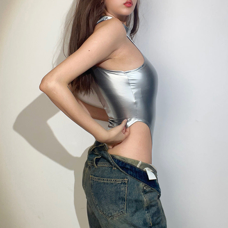Metallic Coated Fabric Spring Summer Women Slim Fit High Waist Round Neck Sleeveless Reflective Jumpsuit