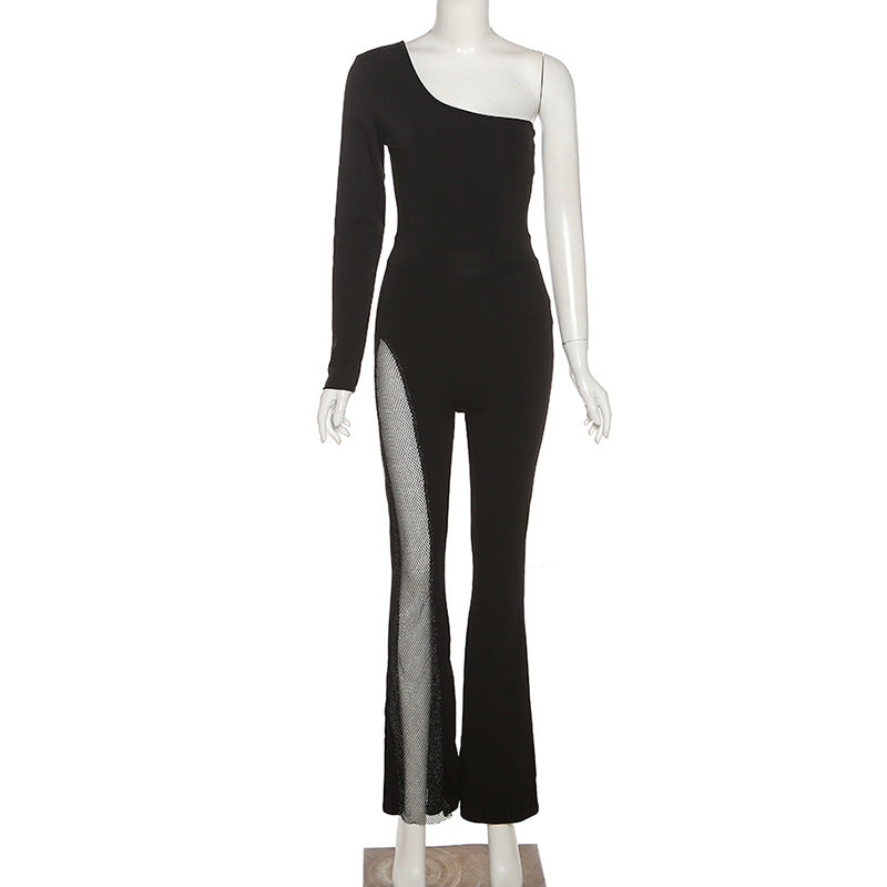 Fall Women Clothing Shoulder Long Sleeve Sexy Mesh Stitching Micro Pull Jumpsuit Women
