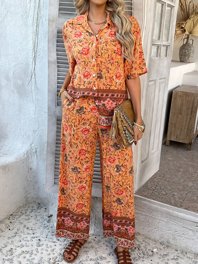 Spring Summer Printed Contrast Color Bohemian Vacation Short Sleeve Long Pants Set Women Clothing
