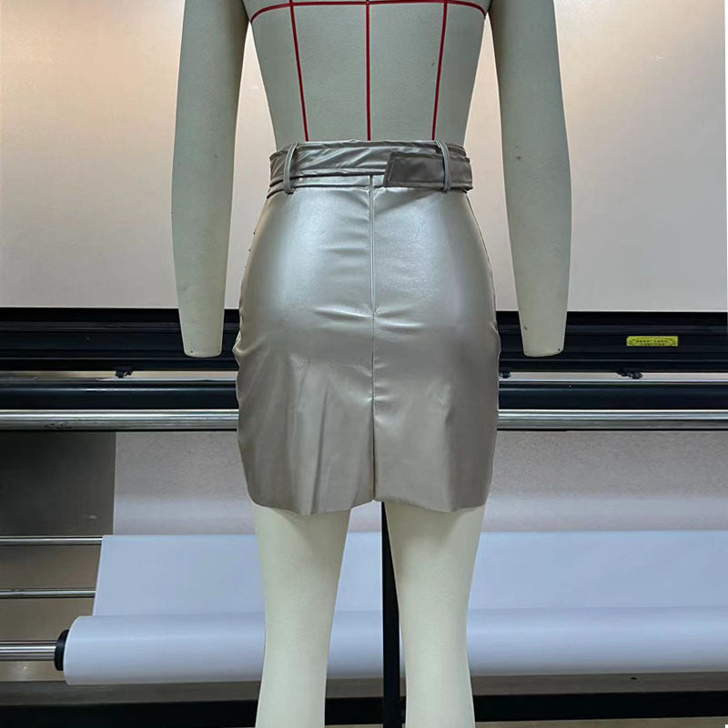 Metallic Coated Fabric Women Leather Skirt Zipper Irregular Asymmetric Sexy Hip Skirt