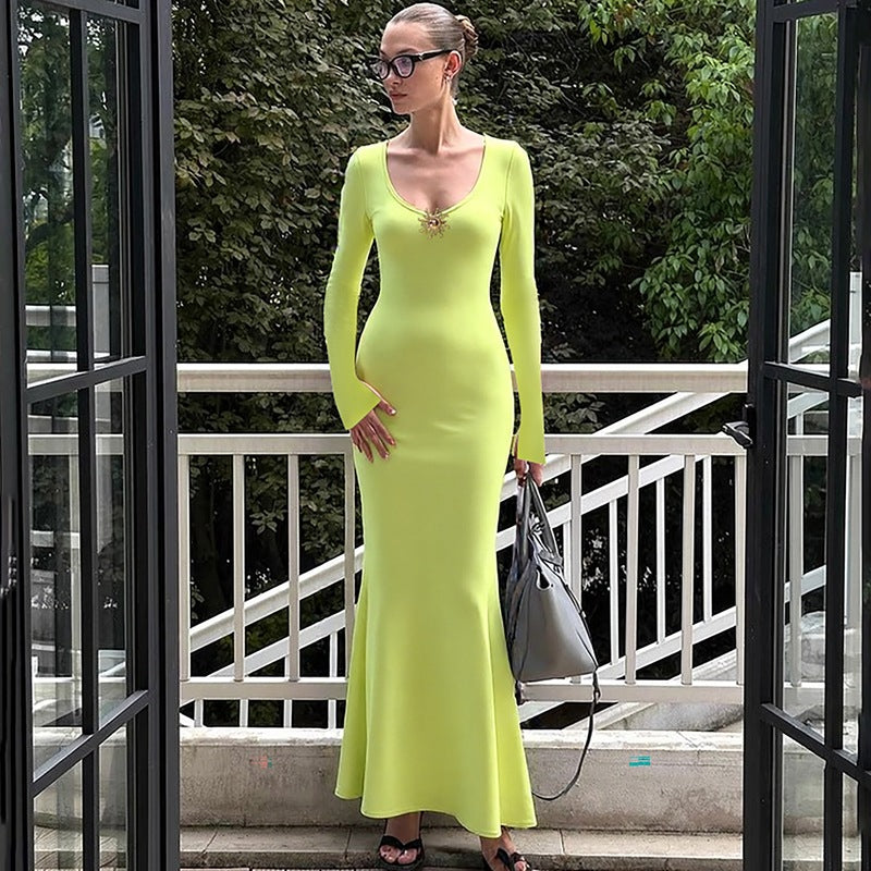 Women Clothing Summer Solid Color Deep U High Waist Fishtail Dress Long Sleeve Dress