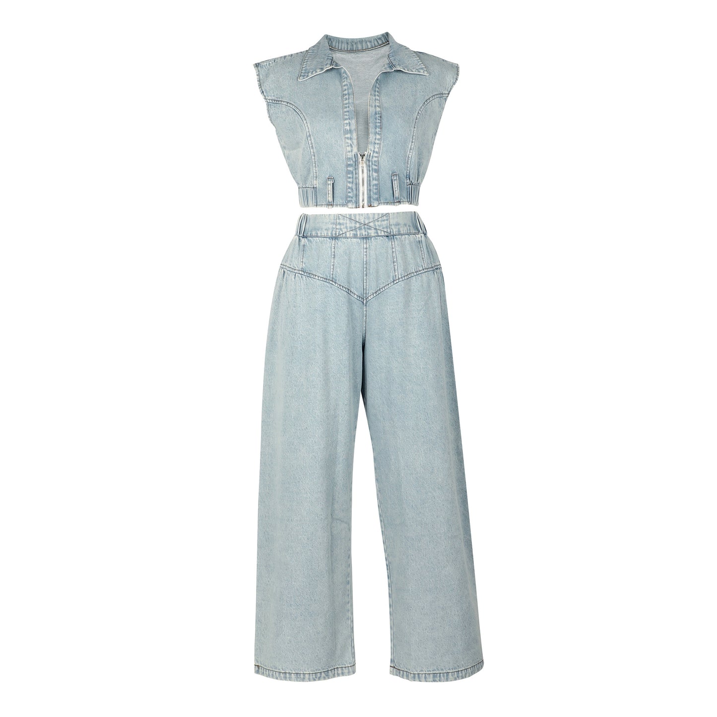 Women Clothing Jeans Sexy Sleeveless Two Piece Sets Loose Straight Summer