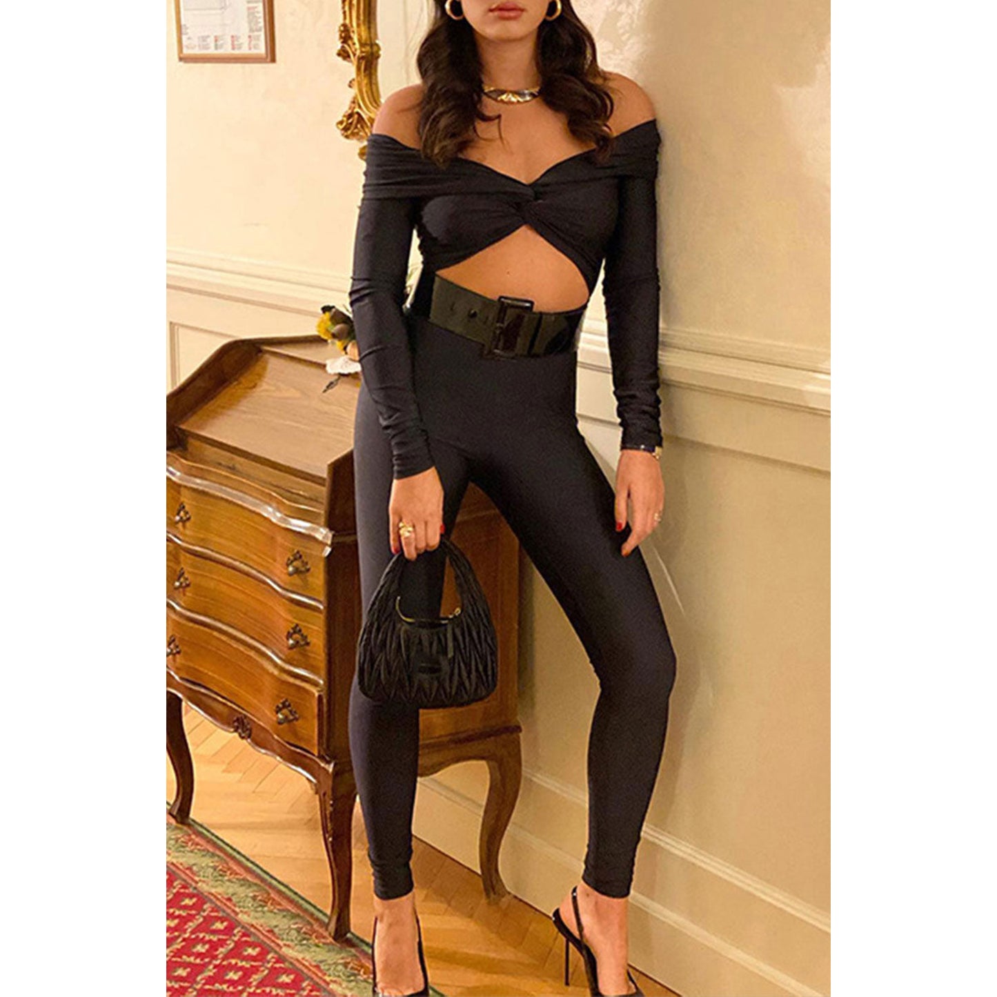 Women Clothing Collared Twist Hollow Out Cutout Cropped Sexy High Waist Long Sleeve Jumpsuit