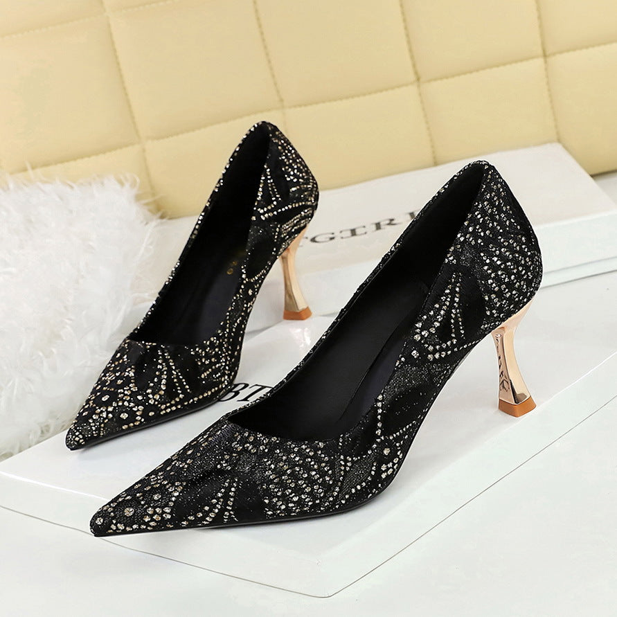 Lace Mid Heel Shoes Pointed Irregular Asymmetric Lines Stiletto Heel Women Professional Shoes
