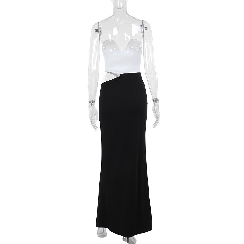Autumn Socialite Elegant Sexy Slim Fit Contrast Colors Stitching Waist Formal Dress Women