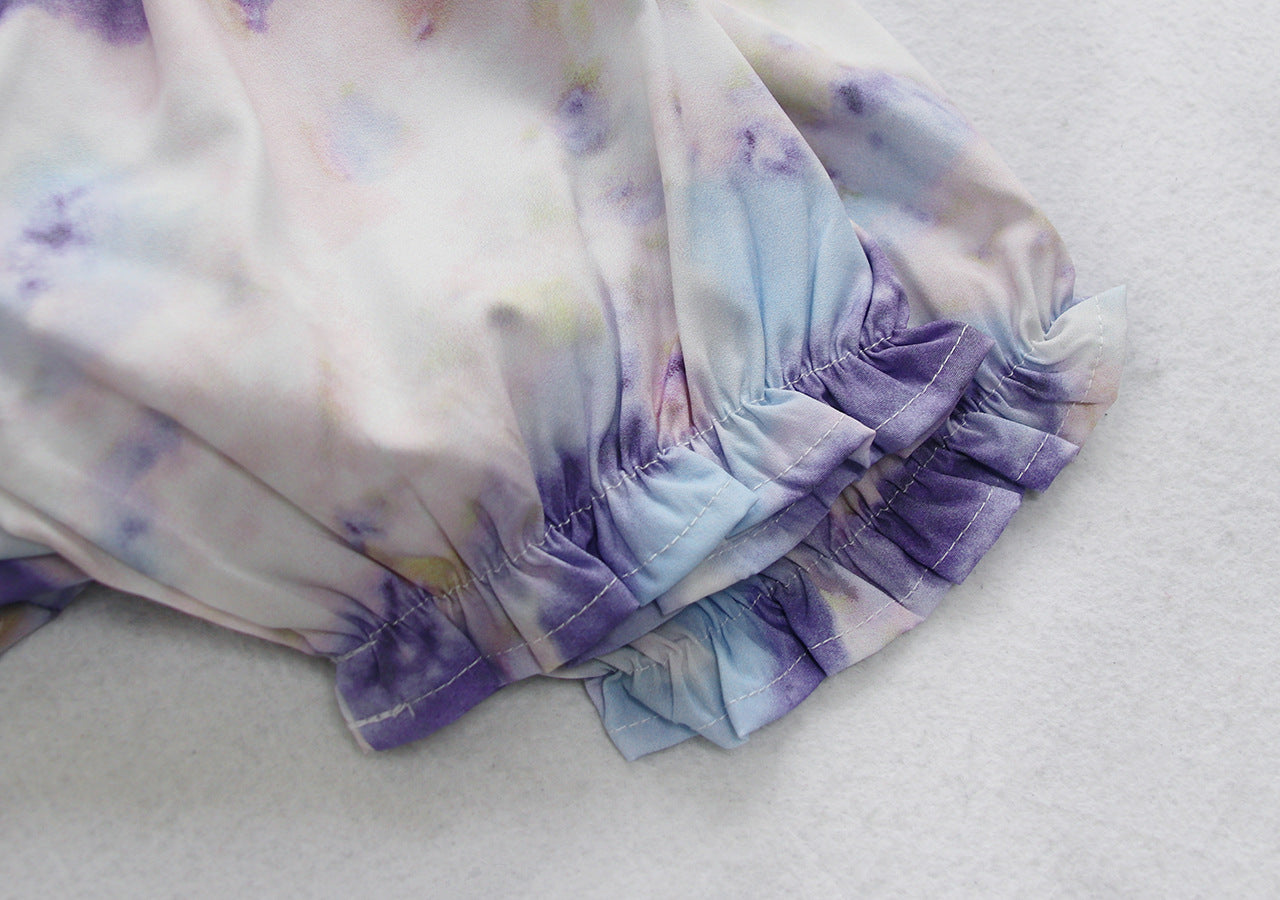 Summer Sexy Tie Dyed Home Wear Ruffled Pajamas Suit Casual Lace Up Outer Shirt Shorts Two Piece Suit
