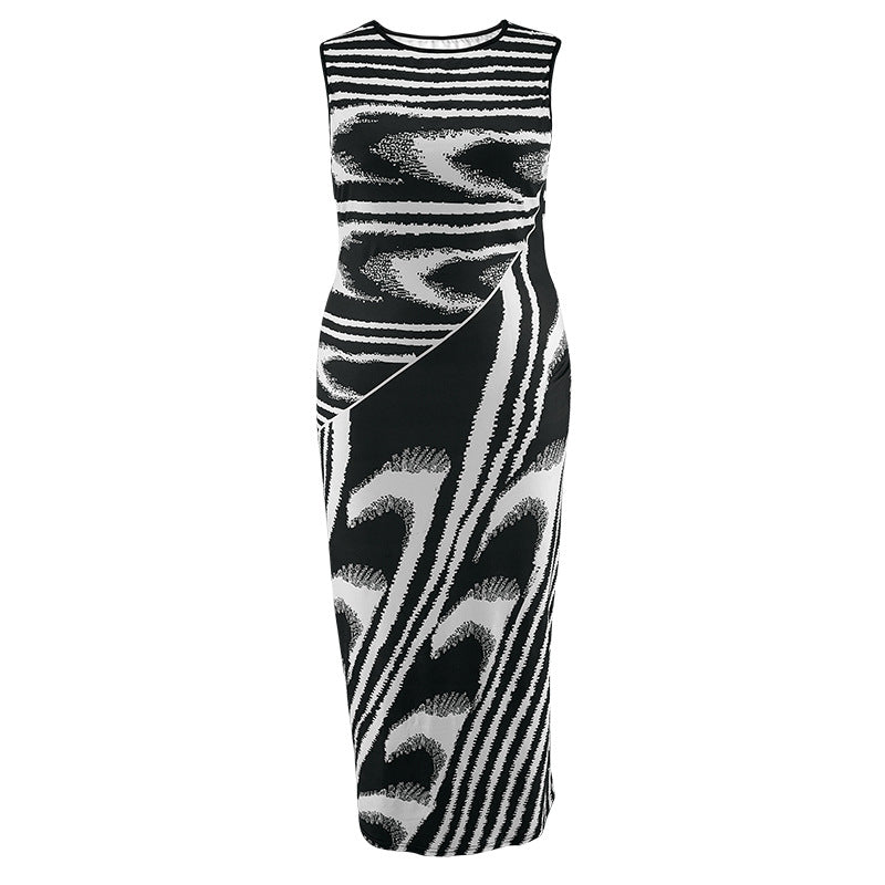 Plus Size Women Irregular Asymmetric Striped Sleeveless Round Neck Fit Dress