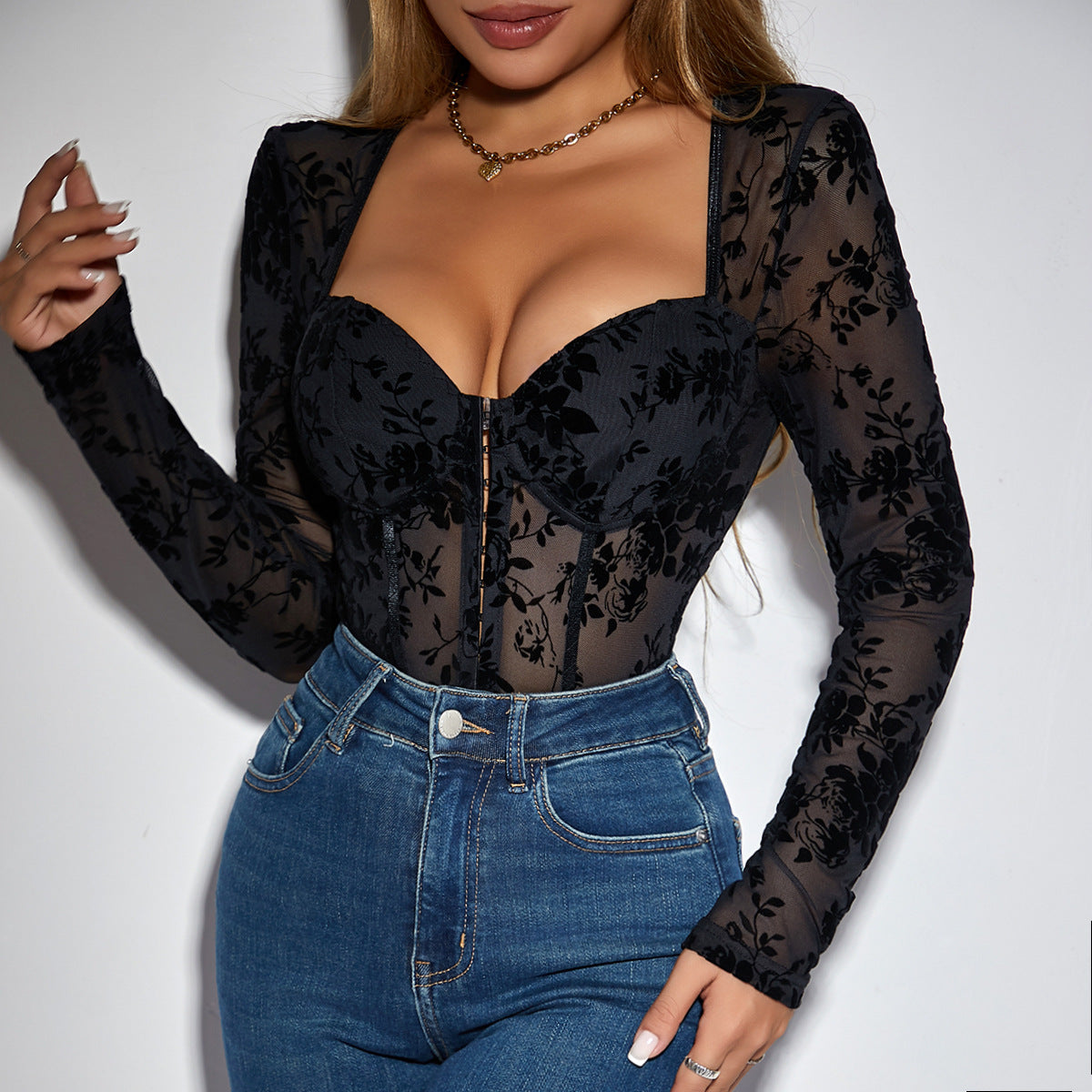 Women Clothing Flocked Printed High Grade Slim Fit Breasted Long Sleeve Jumpsuit