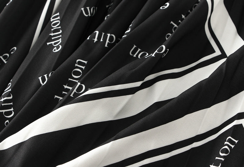 Pleated Letter Graphic Printed Skirt for Women Autumn Elastic Waist Mid Length Big Hem Umbrella Skirt