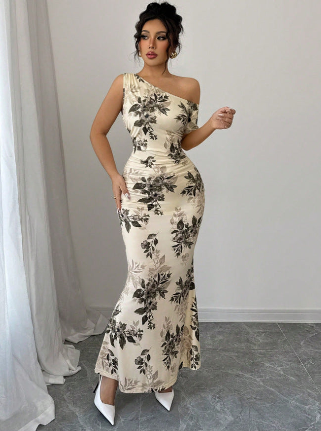 Printed Shoulder High Waist Sheath Dress Slimming Dress