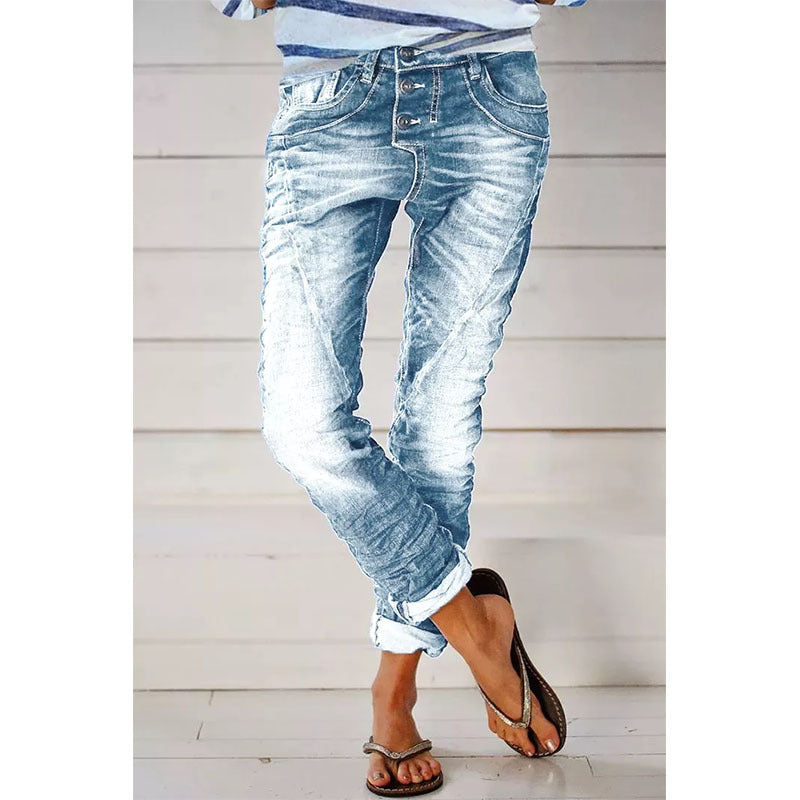 Ripped Denim Drawstring Elastic Waist Washed Women Casual Pants Tide