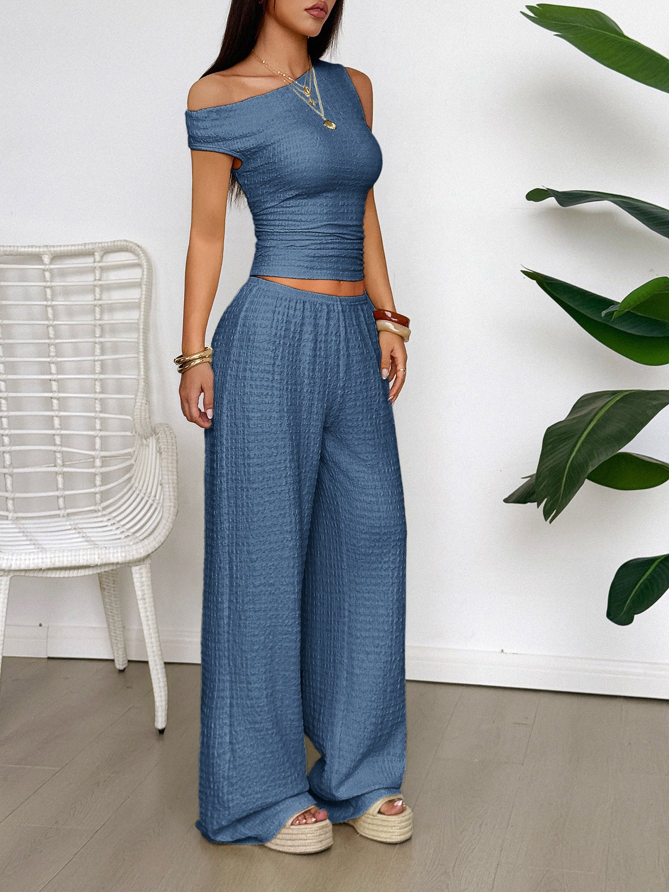 Casual Vacation Vest Wide Leg Trousers Two Piece Set Women Clothing Spring Summer