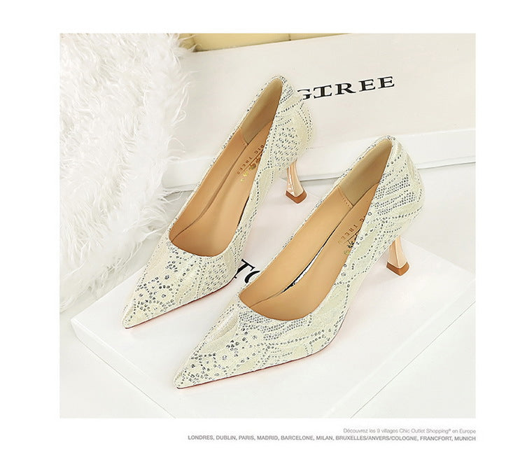 Lace Mid Heel Shoes Pointed Irregular Asymmetric Lines Stiletto Heel Women Professional Shoes