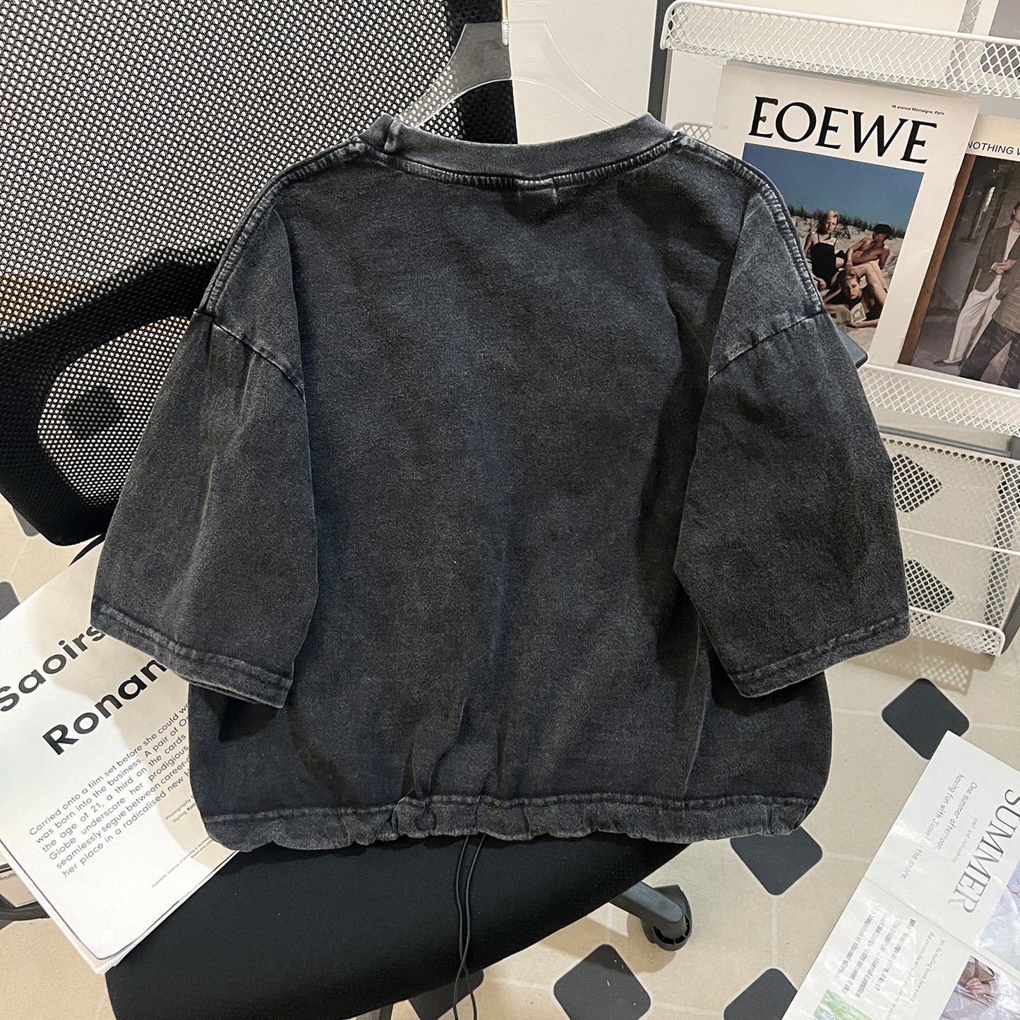 Trendy Age Reducing Pure Cotton Retro Washed Distressed All Matching Drawstring Short Washed Short Sleeve T shirt Women