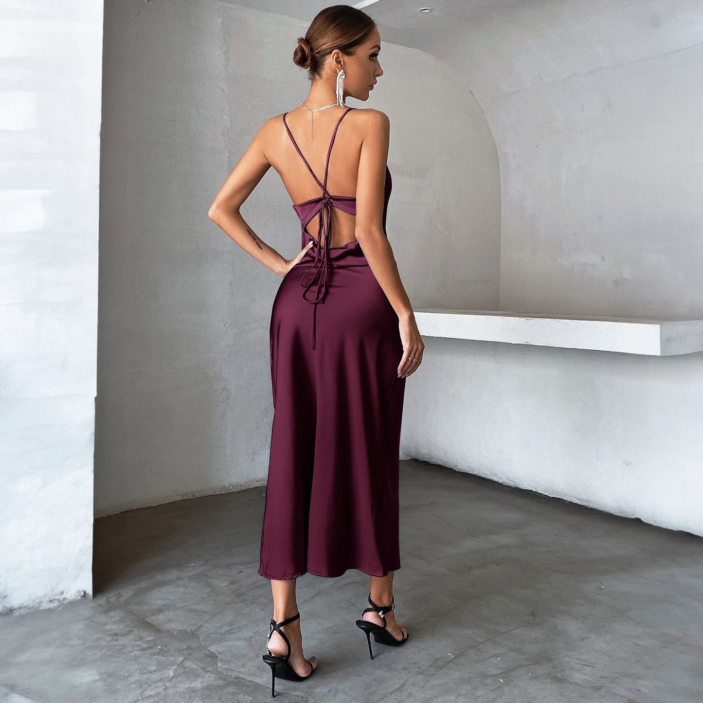 Summer Back Lace up Sleeveless Slim Fit Sexy Pure Black Sheath Cami Dress